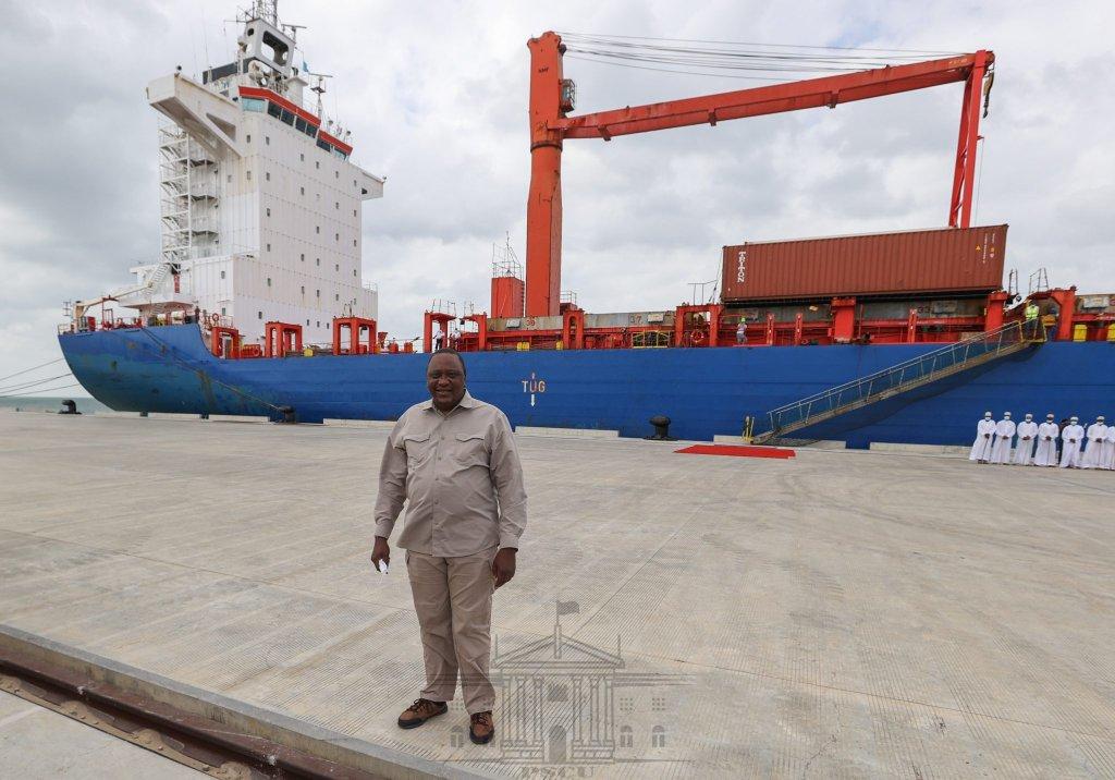 President Kenyatta at the new Lamu Port. Source: https://naihaps.com/uhuru-commissions-first-berth-at-lamu-port/