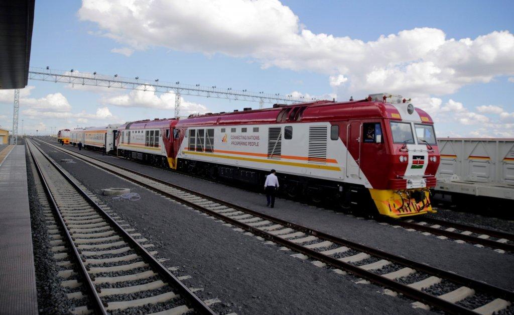 A train launched to operate on the Standard Gauge Railway (SGR) line constructed by the China Road and Bridge Corporation (CRBC) and financed by Chinese government arrives at the Nairobi Terminus on the outskirts of Kenya's capital Nairobi in 2017. Source: https://www.japantimes.co.jp/news/2019/05/09/business/kenya-upgrade-old-rail-line-deliver-uganda-link-not-tap-china-funded-project/